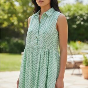 Green Chevron Women’s Collared Button Down Sleeveless Dress